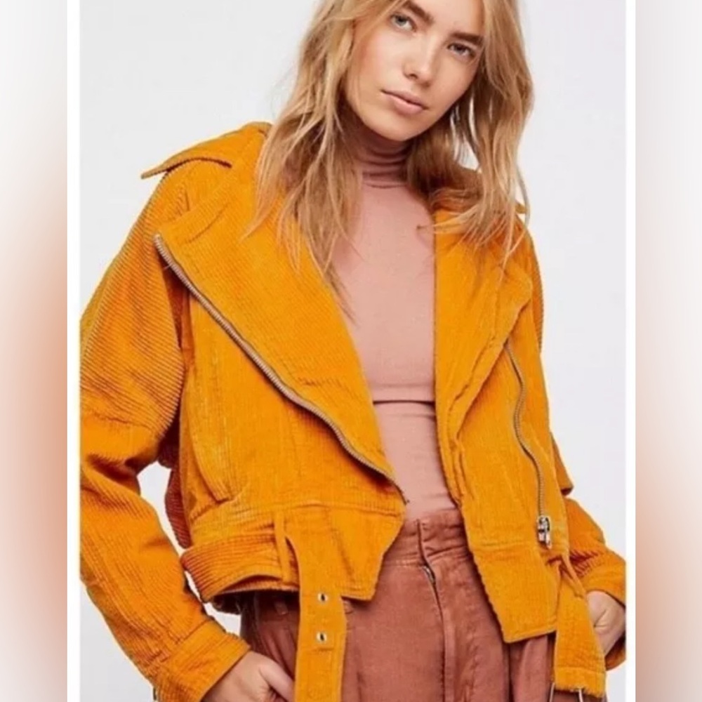 Free People Jacket Small Petite Slouchy Moto Biker Corduroy Zip Caramel Orange